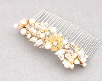Gold Bridal Hair Comb: Rhinestone & Pearl Wedding Headpiece Crystal hair piece Wedding hair accessories Bridal hair clip Rose gold hair comb