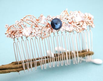 Gold Floral Bridal Hair Comb: Sapphire Blue Rhinestone Hairpiece Navy blue Wedding hair clip Bridal hair accessories Rose gold Blue haircomb