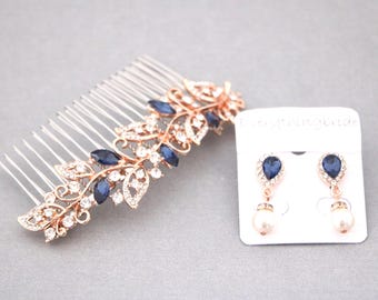Pearl drop Wedding earrings Navy blue Bridal hair piece Rose gold Wedding hair comb Bridal hair piece Wedding hair jewelry Bridal hair bling