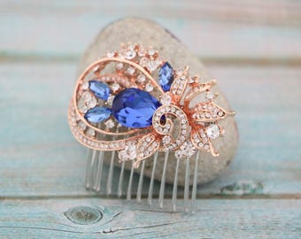 Rose gold Wedding comb Bridal hair piece Blue side comb Wedding hair accessories for bun Navy blue Wedding hair comb Rhinestone headpiece
