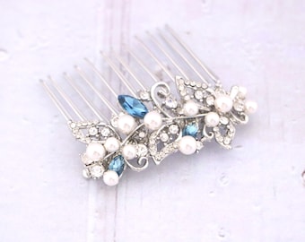 Pearl Wedding comb Side Wedding hair jewelry Bridal hair clip Blue Wedding hair comb Rhinestone Bridal hair comb Navy blue Bridal comb Boho