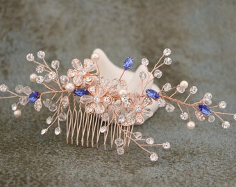 Pearl and Jewel Hair Comb Wedding Hair Accessories for Bun Blue Crystal Bridal Comb Blue Hair Accessories Navy blue Wedding hair comb Gold