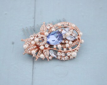 Wedding hair clip rose gold Wedding comb Sapphire Crystal hair comb Wedding hair accessories for bun Bridal hair comb updo Wedding headpiece