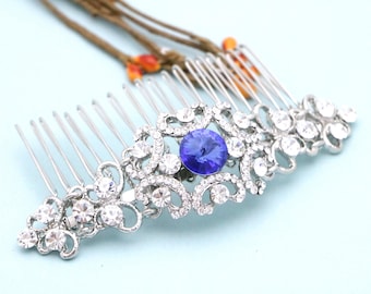 Blue Crystal Wedding Hair Comb, Silver Bridal Hair Accessory Rhinestone Wedding comb Navy blue Wedding hair clip Bridal hair piece Wedding