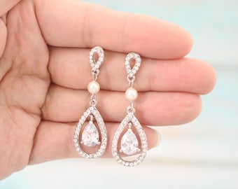 pearl earrings dangle silver rhinestone earrings Gold wedding earrings for mother of bride Rose gold Crystal earrings Bridesmaid earrings