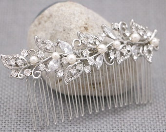 Crystal vine comb White and Gold Hair Comb Bridal Hair Piece for Bun Pearl Comb Hairpiece bridal hair comb updo Rose gold Wedding hair comb