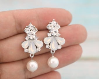 Something Blue Earrings White opal Bridal earrings Pearl drop Wedding earrings Blue jewelry earrings Navy blue Bridesmaid earrings simple