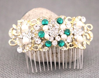 Sapphire Crystal Bridal Hair Comb, Silver Rhinestone Wedding Headpiece Gold veil comb Green Wedding hair clip Bridal hair accessories Pearl