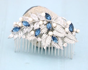 Bridal Hair Comb: Navy Crystal Rhinestone Wedding Headpiece Silver Wedding hair clip Blue hair jewelry Montana Bridal hair clip Navy blue