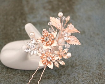 Rose gold champagne Crystal Hair pins: Pearl Bridal hair accessories Gold Bridal hair pins Wedding hair piece Rhinestone hair pins Navy blue