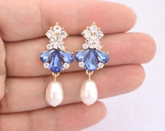 Blue Teardrops earrings Dark Blue Earrings Blue Navy Crystal Earrings Pearl drop Wedding earrings  Sapphire Bridal earrings Bridesmaid Gold