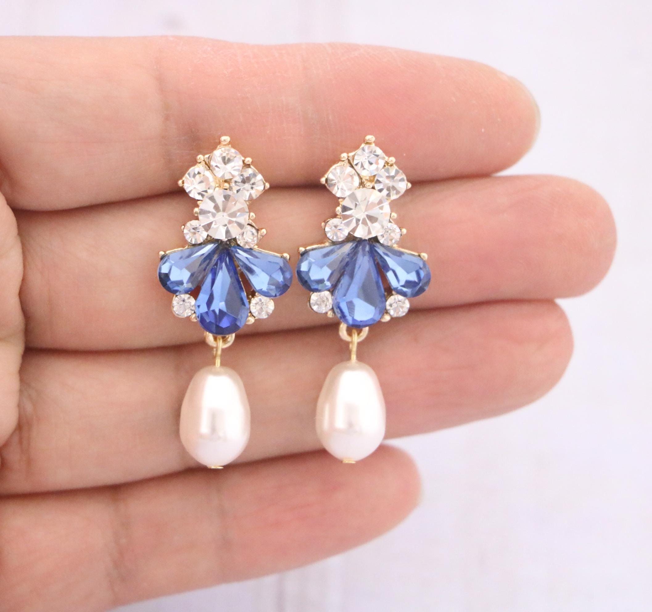 Blue Teardrops earrings Dark Blue Earrings Blue Navy Crystal Earrings Pearl drop Wedding earrings  Sapphire Bridal earrings Bridesmaid Gold