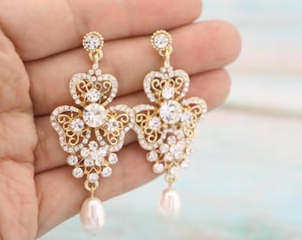 wedding earrings pearl gold wedding chandelier earrings Rose gold Crystal earrings Bridesmaid jewelry earrings Pearl drop Bridal earrings