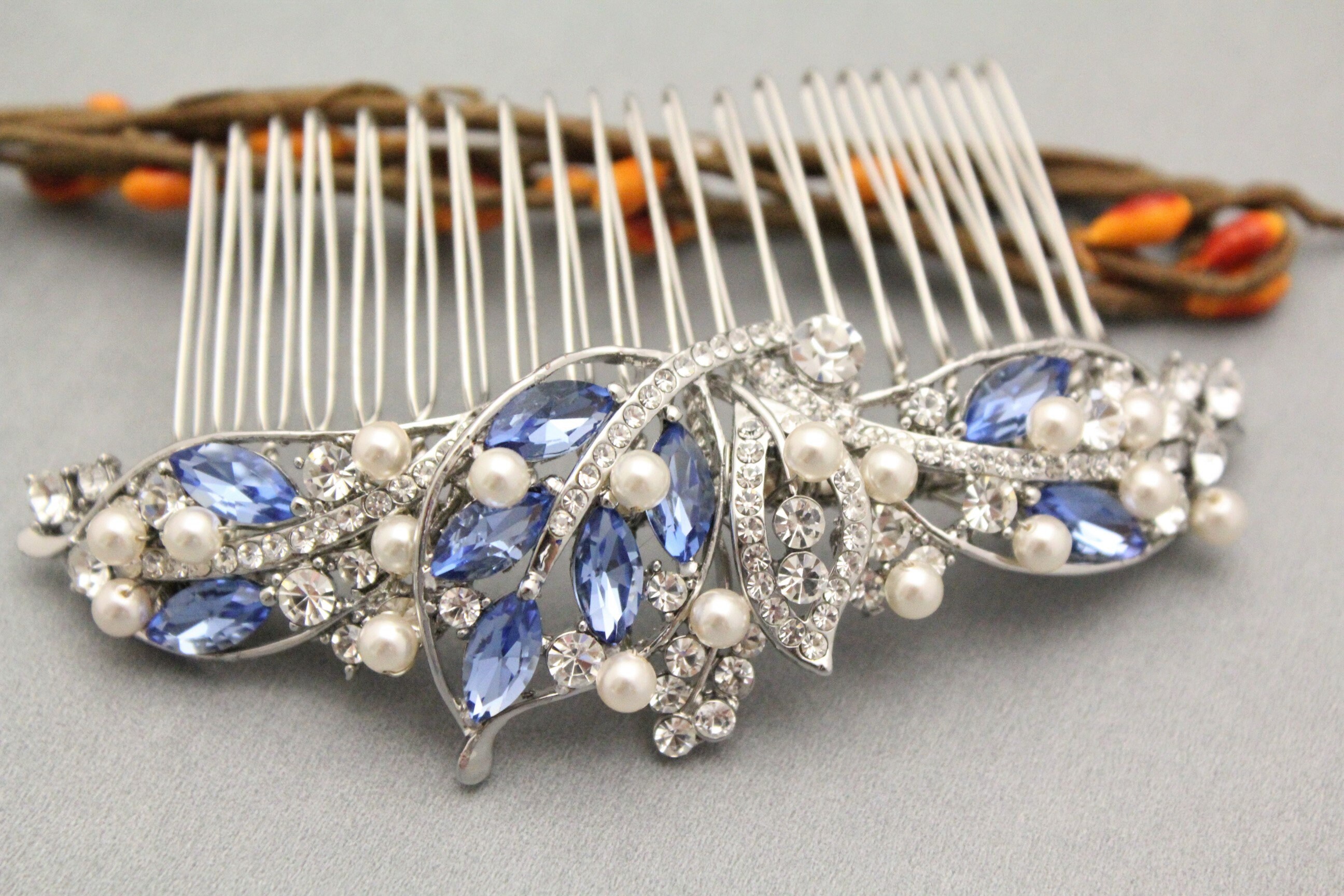 Wedding Hair Comb Blue Wedding Headpiece Vintage Style Wedding