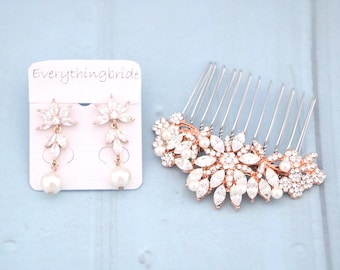 Wedding hair piece and Pearl drop Wedding earrings Rose gold Bridal hair comb Wedding hair jewelry Gold veil comb Bridal hair clip Headpiece