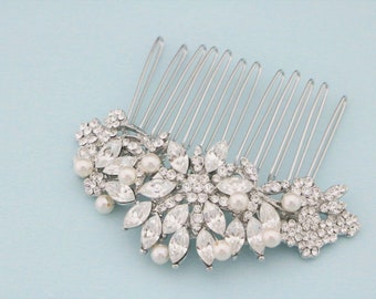 Silver Wedding hair comb Pearl side comb Wedding hair jewelry Bridal hair accessories floral Wedding comb in Bridal hair bling Bridal comb