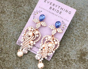 Pearl Rhinestone Wedding earrings: Sapphire blue earrings Royal Blue earrings Rose gold Bridal earring Pearl drop earrings Dark blue earring