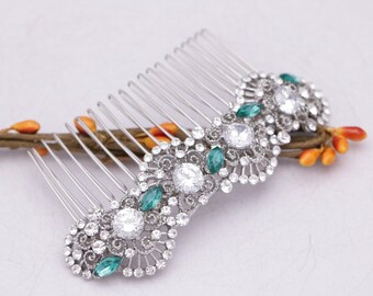 Navy hair comb Gold veil comb Blue hair clip Wedding hair comb Green Crystal hair comb Wedding hair accessories for bun Bridal headpiece