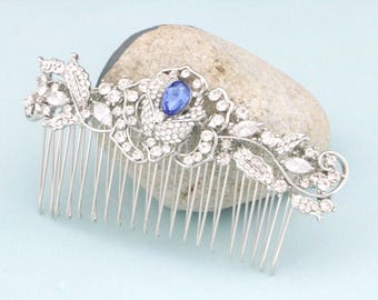 Rose Gold Sapphire Crystal Hair Comb, Wedding Hair Accessories, Navy Blue Bridal Jewelry Silver Wedding hair clip Bridal hair jewelry Blue