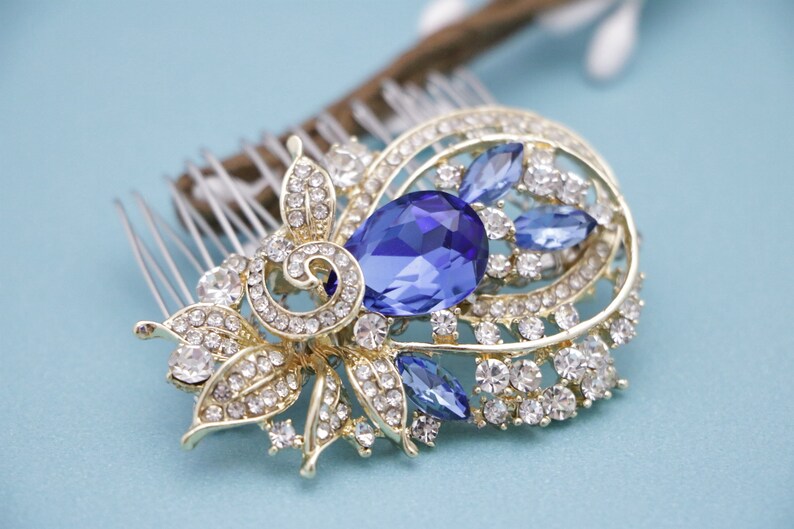 Bridal Hair Comb Blue Wedding Hair Accessories Blue Crystal Etsy