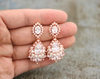 Rose gold Ivory pearl earrings Gold Crystal earrings Simple Wedding earrings rose gold earrings wedding Boho Bridal earrings dangle earrings