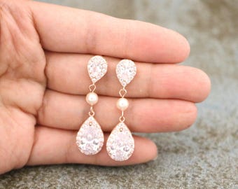 Rose gold Bridal earrings Ivory pearl earrings Bridesmaid earrings Crystal earrings Gold Wedding earrings Rhinestone earrings Simple earring