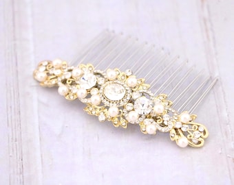Gold Rhinestone Pearl Bridal Comb Crystal bridal headpiece Wedding hair accessories Bridal hair jewelry Bridal hair clip Rose gold hair comb