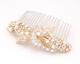 Rhinestone Bridal Hair Comb Pearl Wedding Hair Piece Rose gold Wedding hair clip Crystal Wedding comb Bridal headpiece Bridal hair clip Gold
