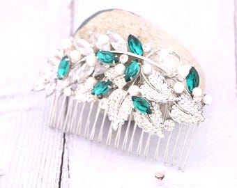 Emerald Crystal hair comb Wedding hair accessories Bridal hair clip Navy blue Wedding hair comb Bridal hair piece Blue hair jewelry Silver