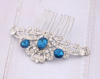 Sapphire Crystal Bridal Hair Comb Silver Bridal headpiece Wedding hair accessories Navy blue Wedding hair comb Rhinestone Bridal hair clip