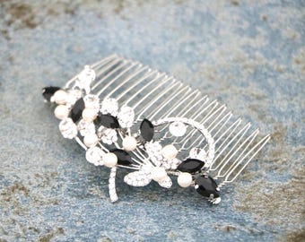 Crystal Bridal Hair Comb: Silver Sapphire Wedding Headpiece with Pearls Black Wedding hair clip Navy blue Wedding hair comb Side hair piece
