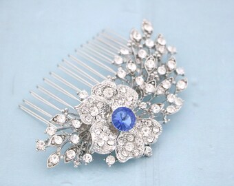 Blue Crystal Bridal Hair Comb: Silver Rhinestone Wedding Hairpiece Rose gold Bridal hair clip Wedding hair accessories Bridal hairpiece Blue