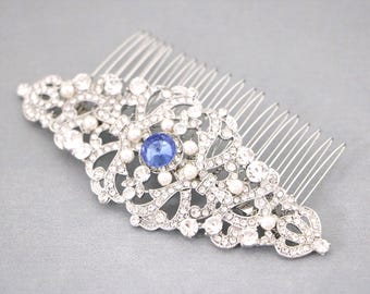 Sapphire Blue Bridal Hair Comb, Swarovski Pearl & Crystal Headpiece Navy blue Wedding hair clip Rhinestone Wedding hair comb Silver haircomb