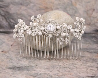 Bridal Hair Clips and Combs Silver Wedding hair comb Pearl side comb Wedding hair jewelry Bridal hair accessories for bun Rhinestone comb in