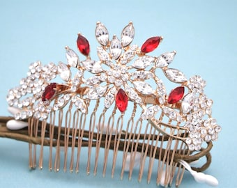 Red Rhinestone Bridal hair comb: Rose gold Bridal hair accessories Crystal Wedding hair comb Navy blue Bridal hair clip Sapphire Bridal comb
