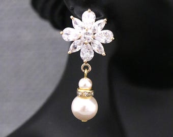 Gold Crystal earrings Pearl drop earrings CZ Wedding jewelry earrings Silver Rhinestone earrings Bridal earrings jewelry Ivory pearl earring