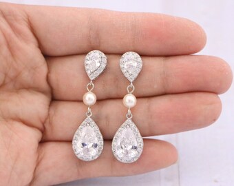 wedding earrings pearl silver wedding chandelier earrings CZ Crystal earrings Gold bridal earrings dangle Rhinestone Earrings Bridesmaid