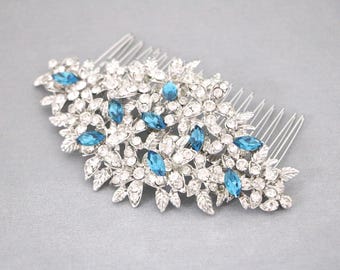 Gold and Crystal Hair Piece Wedding Hair Accessories for Bun Navy blue Wedding hair comb Indicolite Blue Wedding comb Bridal hair jewelry