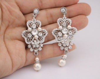 Crystal Pearl Chandelier Bridal Earrings Long Crystal & Pearl Silver Tone Earrings Swarovski pearl drop wedding earrings Rhinestone earrings