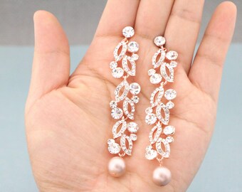 Pearl drop Wedding earrings Rose gold Crystal earrings long Bridal earrings Pearl earrings Bridesamid earrings Rhinestone earrings Simple