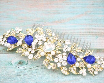 Blue Wedding comb Navy blue Bridal hair accessories Gold Bridal hair clip Light Sapphire Bridal hair comb Wedding hair jewelry Side haircomb