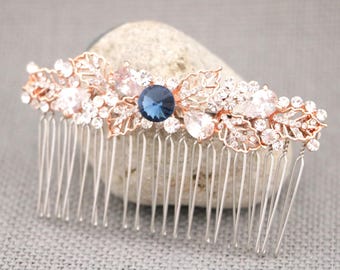 Rose Gold Wedding Hair Comb: Sapphire Crystal Bridal Accessory Bridal hair clip Gold Bridal hair accessories Wedding hair clip Navy blue