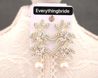 Rhinestone Pearl Wedding Earrings Gold Bridal Chandelier Dangle Pearl drop earring Small or Large Bridesmaid earring Rosegold Bridal earring