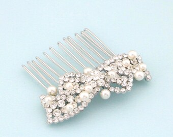 Rhinestone Pearl Bridal Hair Comb, Silver Wedding Headpiece Bridal hair clip Bridesmaid hair piece Wedding hair comb Crystal hair comb Side
