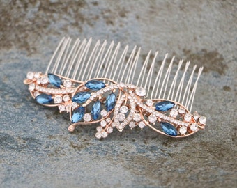 Wedding Rose Gold Hair Comb Blue Crystal Bridal Comb Navy blue Wedding hair comb Rhinestone Wedding comb Gold veil comb Wedding hair jewelry