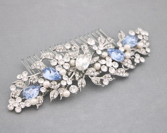 Light Sapphire Wedding hair comb Navy blue Wedding comb Pearl side comb Silver Wedding hair accessories for bun Bridal hair comb Bridal comb