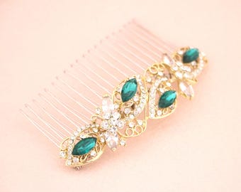 Emerald Wedding hair comb Gold veil comb Side Bridal headpiece Wedding hair accessories for bun Bridal hair jewelry Bridal haircomb Navyblue