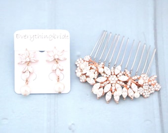 Rose gold Bridal Hair Comb and Earring Set, Pearl Rhinestone Wedding Jewelry Pearl drop Wedding earrings Wedding hair comb Bridal earrings