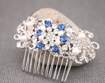 Rhinestone Wedding Hair Comb: Silver Sapphire Crystal & White Opal Bridal Clip Navy blue Wedding hair clip Bridal hair accessories Green