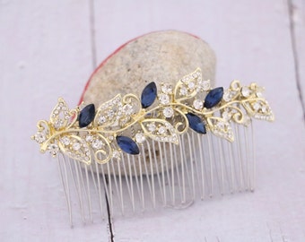 something blue hair comb rose gold veil comb Gold Bridal comb Navy blue Wedding hair comb Rhinestone Wedding comb Bridal hair jewelry Side